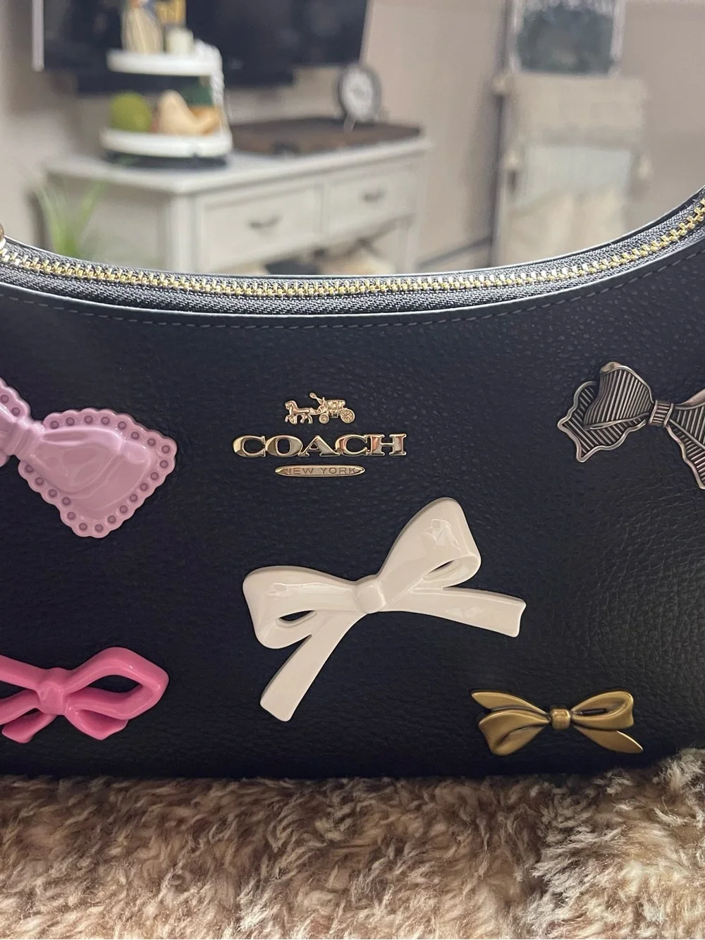 Coach Black Pebbled Leather Tag Charm with Gold-Tone Accent